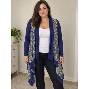 Vertigo Women Blue Paisley Print Draped Open Front Cardigan XL Long Sleeve Knit